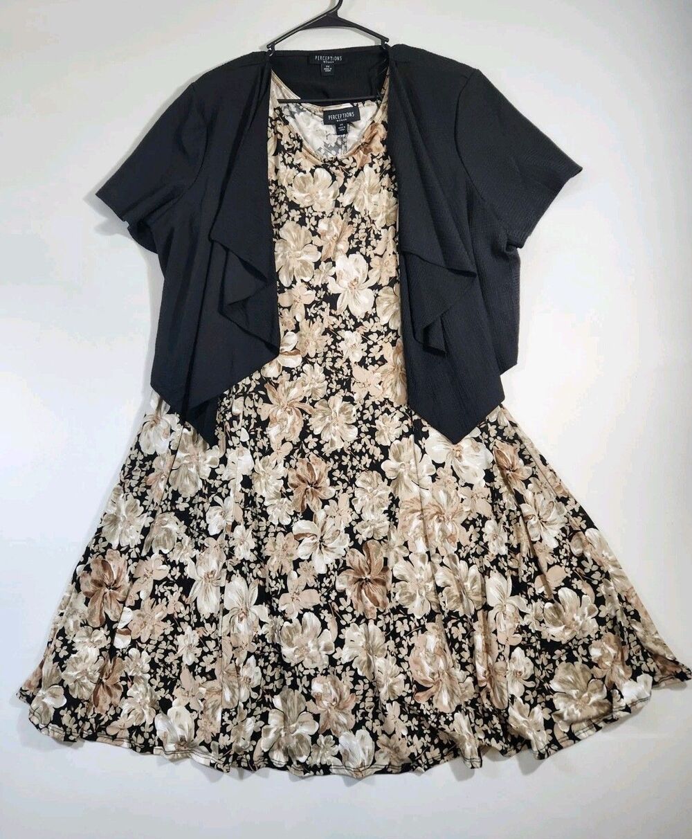 Perceptions Womens 2X Slip Dress w/ Shrug/Cardigan Beige Black Floral Knee Lgth
